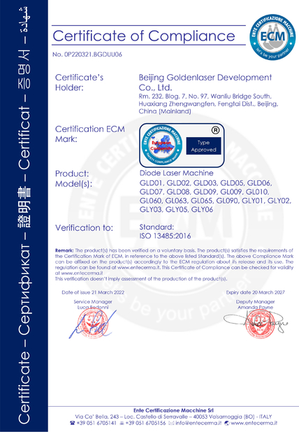 Chiny Beijing Goldenlaser Development Co., Ltd Certyfikaty